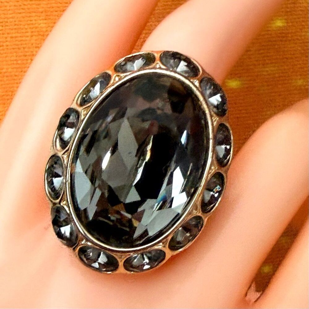 AKKAD Smoky Gray Crystal Gold Tone Statement Cocktail Ring